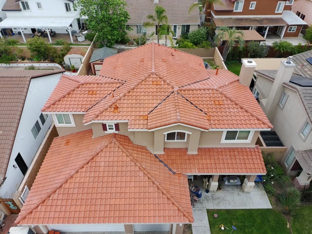 Aerial view of a residential roofing project