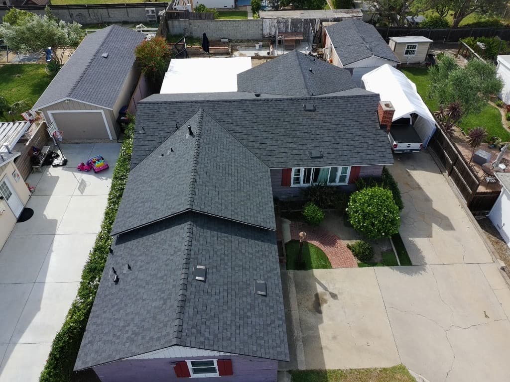 Aerial perspective of a residential roof replacement